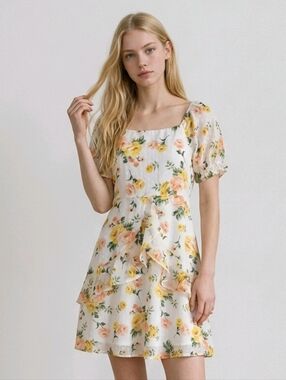 NWT Trixxi Yellow and Peach Puff Sleeve dress ~16